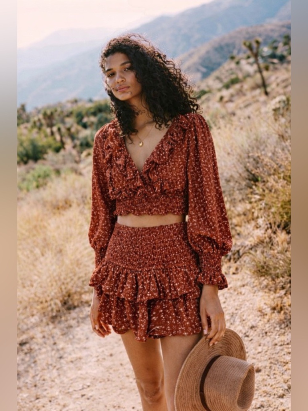 Storia Rust Floralβ Two Piece Set Crop Top Smocked Mini Skirt Size S Boho